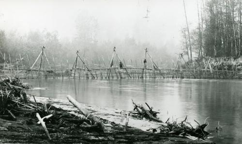Yelm Jim's fish weir on the Puyallup River ca. 1885. Click for high resolution.  Source:  http://www.digitalarchives.wa.gov/Record/View/DAA73FC7A57E989D65B6DBEA419FC89E 