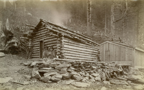 Tlingit house with stone wall foundation near Juneau, Alaska.  Source: SHI Archives, Richard Wood collection. http://goo.gl/hH9Pfl